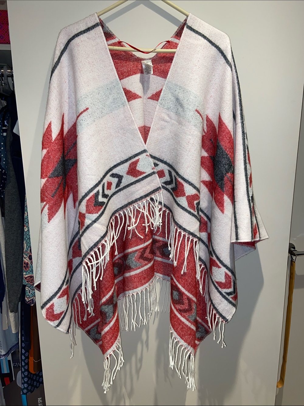 Wild Pearl Red & White Fringe Poncho Sweater SizeS/M